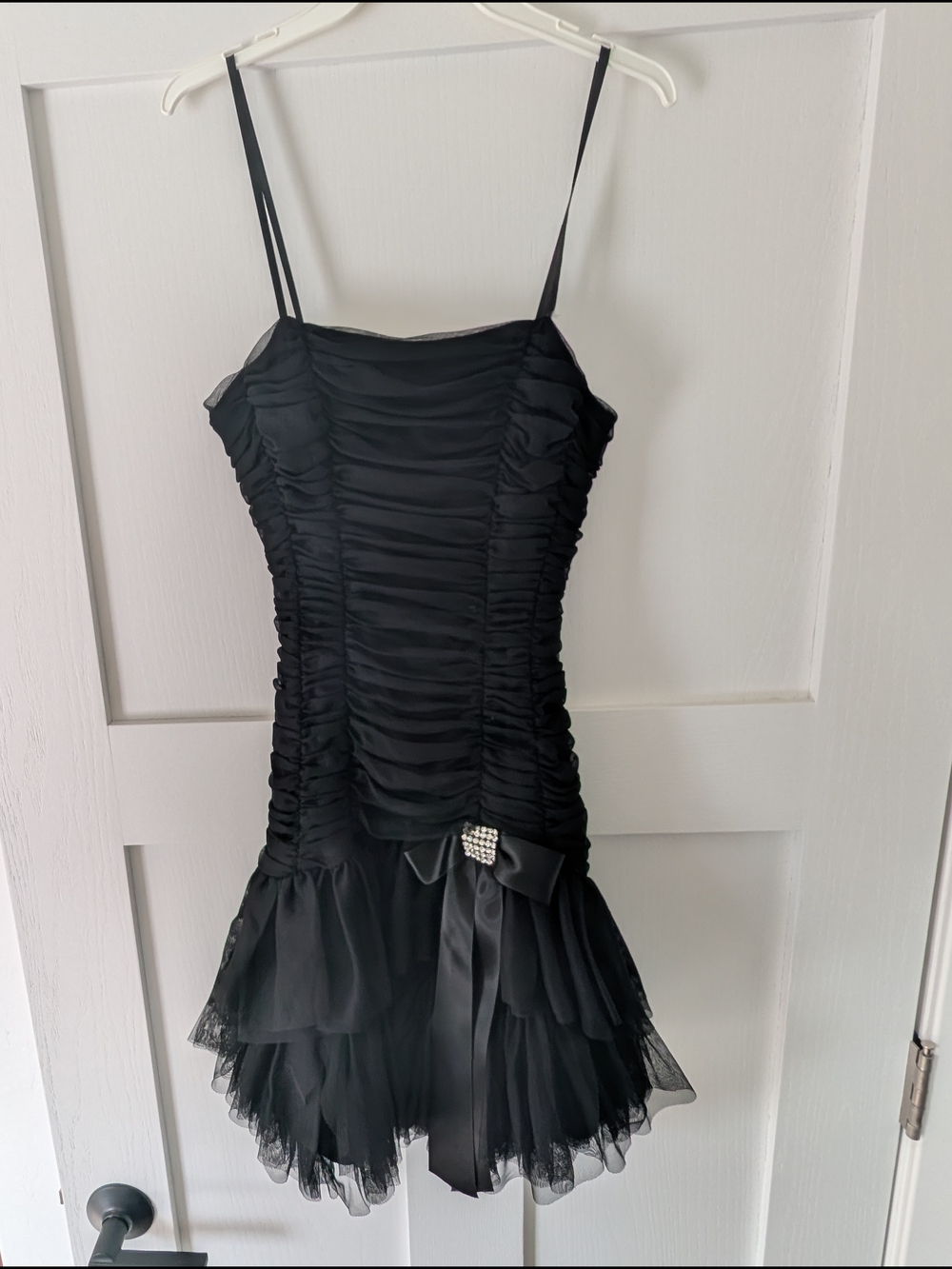 Blondie Nites Black Ruched Spaghetti-Strap Mini Dress with Bow Accent